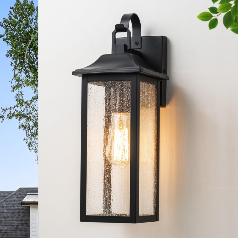 Outdoor Wall Lantern, Seeded Glass, Exposed Bulb Sconce