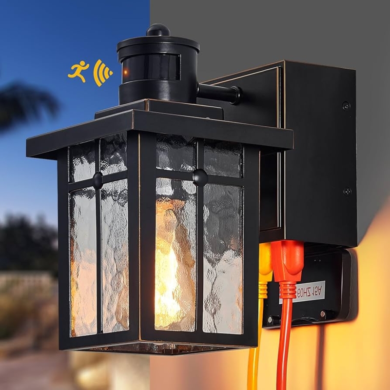 Outdoor Wall Lantern with Integrated GFCI Outlet and Motion Sensor