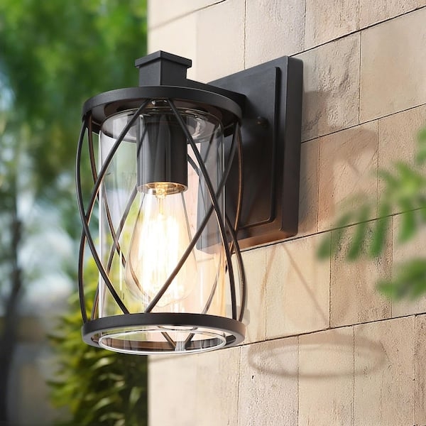 Outdoor Wall Light Curved Cage Clear Glass Shade Industrial