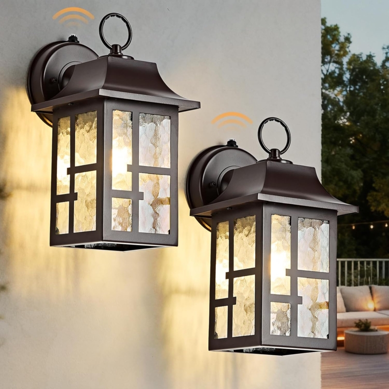 Outdoor Wall Light Geometric Overlay Seeded Glass Texture Dark Bronze