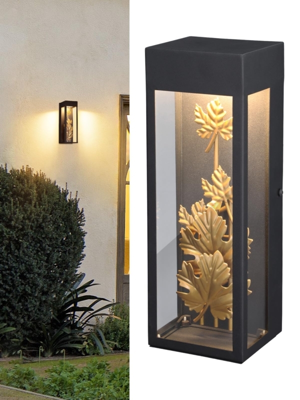 Outdoor Wall Sconce Modern Gold Maple Leaves Sculptural Black Frame