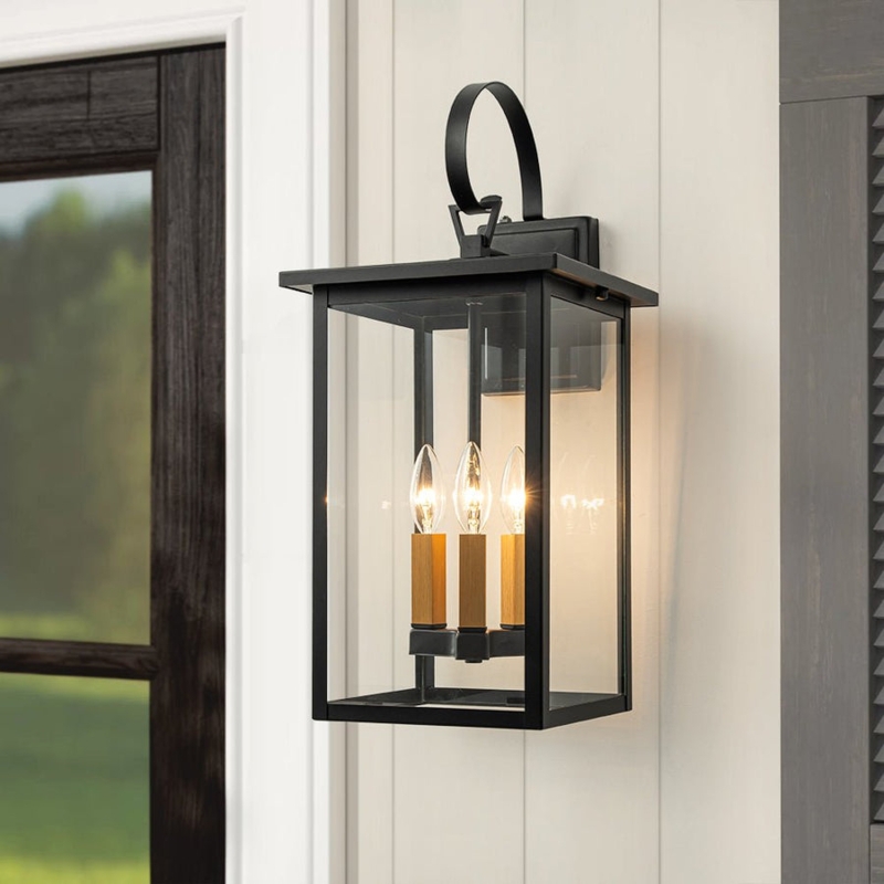 Outdoor Wall Sconce Wood Toned Sleeves Strap Handle Transitional