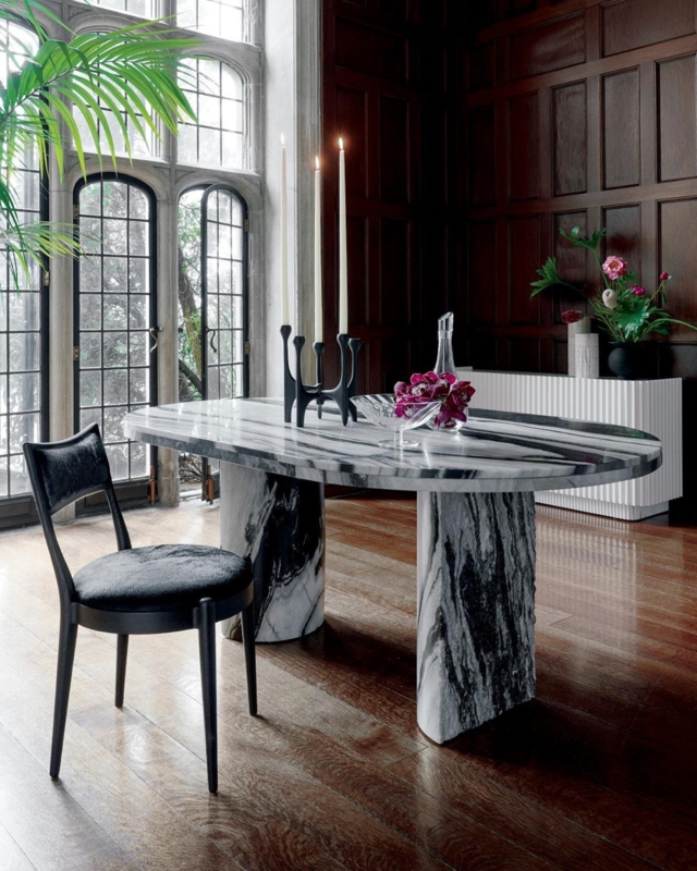 Oval Dining Table Pill Shape Heavy Marbling Slab Legs Moody