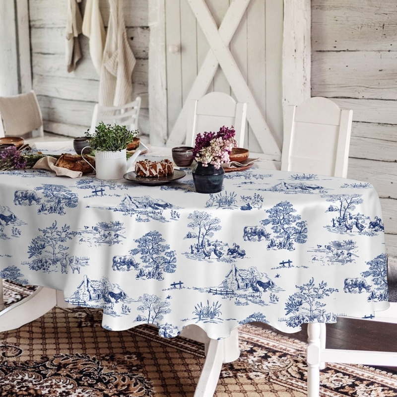 Oval Tablecloth Blue and White Pastoral Toile French Country Linens