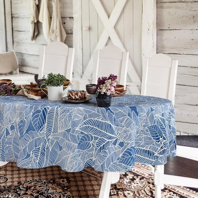 Oval Tablecloth Blue Leaf Pattern Crisp White Contrast Farmhouse