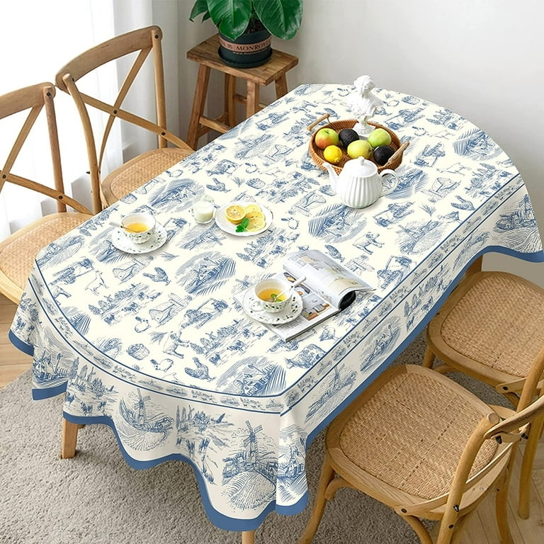 Oval Tablecloth Blue Toile Pattern Vintage French Country Style