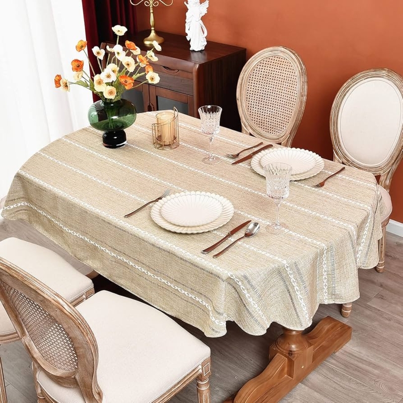 Oval Tablecloth Tan Embroidered Stripes Linen Texture Rustic Dining