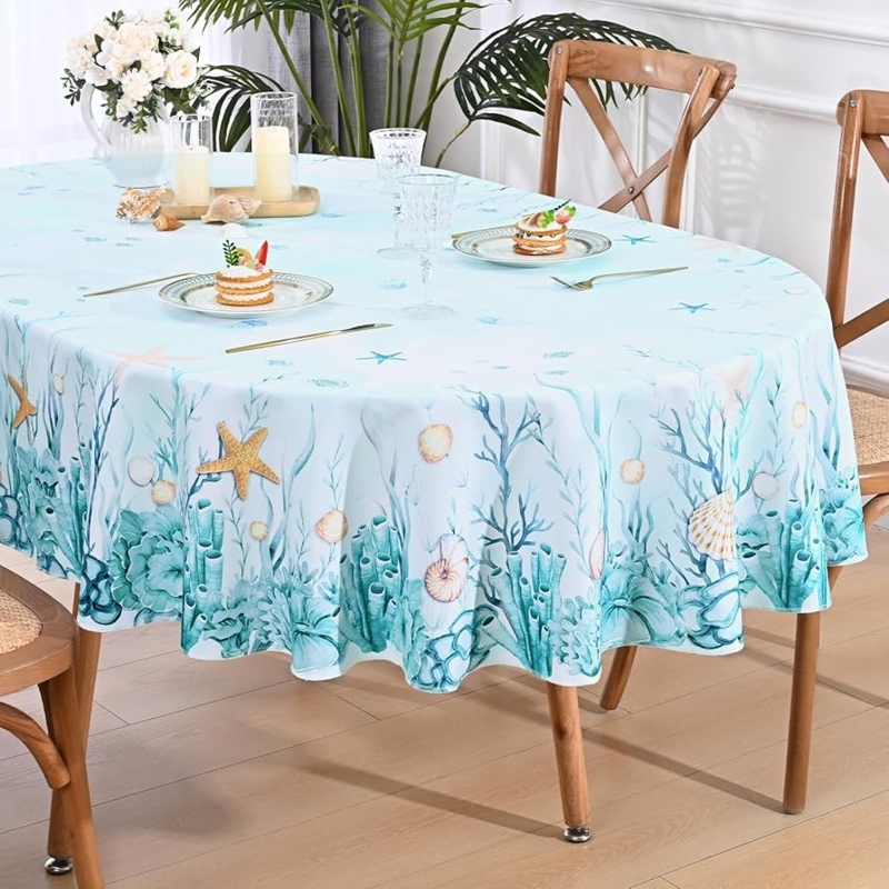 Oval Tablecloth with Light Blue Underwater Coral Print