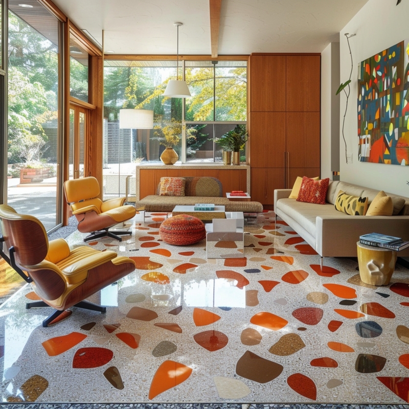 Oversized Orange Terrazzo Flooring Ideas Mid Century Lounge