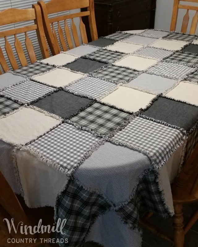 Patchwork Tablecloth Gray Plaid Mix Frayed Seams Rustic Rag Quilt