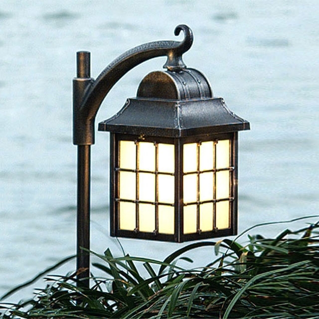 Path Light Antique Bronze Curved Arm Grid Panes Frosted Glass