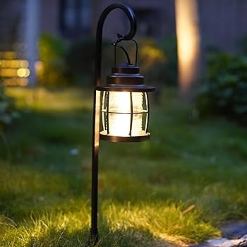 Pathway Light Black Shepherd's Hook Caged Lantern Warm Glow