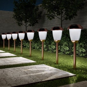 Pathway Light Set Copper Finish Ribbed Globe Solar Traditional Garden
