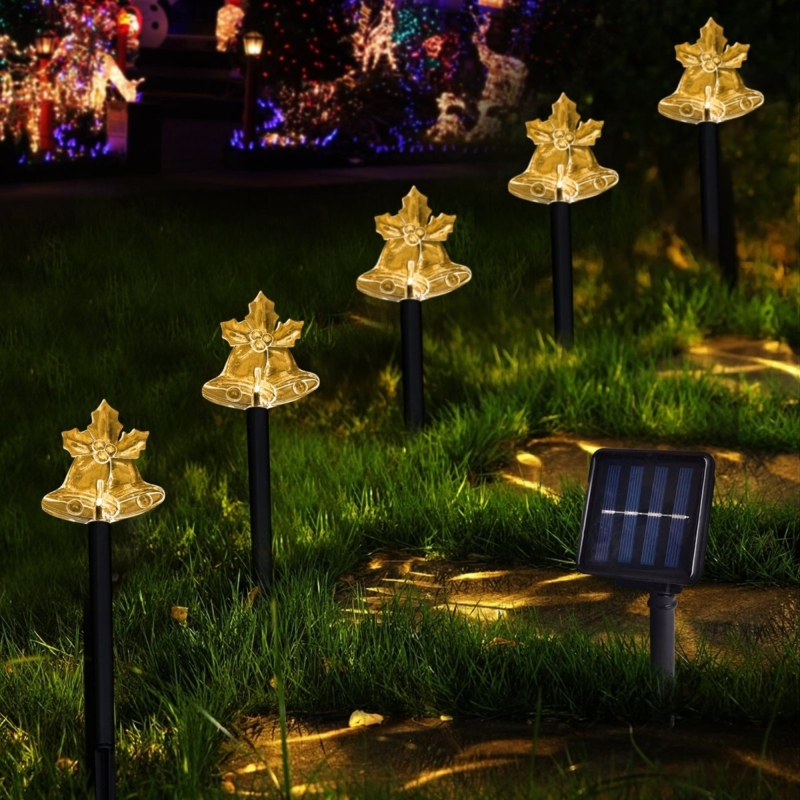 Pathway Lights Gold Toned Bell Shape Holly Leaf Detail Solar Stakes