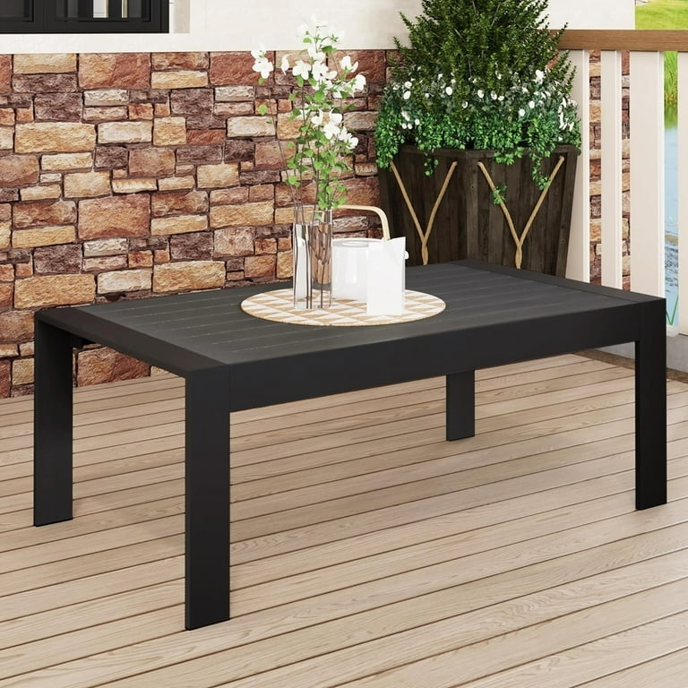 Patio Coffee Table All-Weather Aluminum Black Slatted Sleek Design