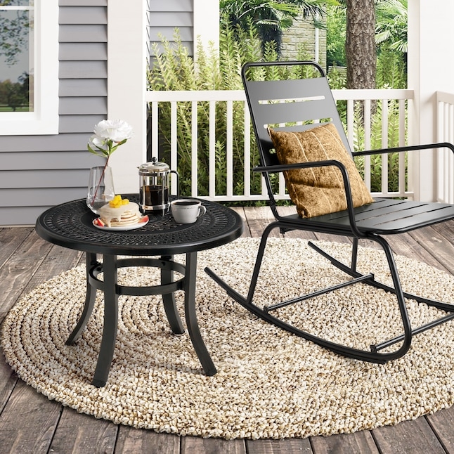 Patio Coffee Table Round Lattice Top Umbrella Hole Traditional Black