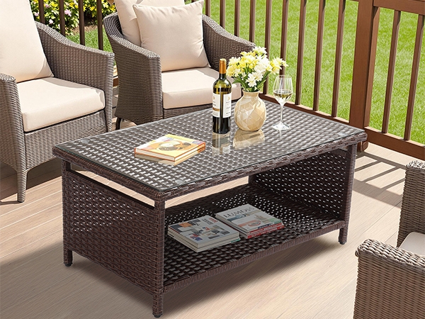 Patio Coffee Table Wicker Look Glass Top Storage Shelf Dark Brown