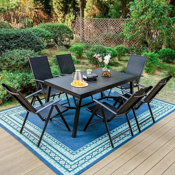 Patio Dining Set 7-Piece Black Metal Folding Mesh Chairs Modern Deck