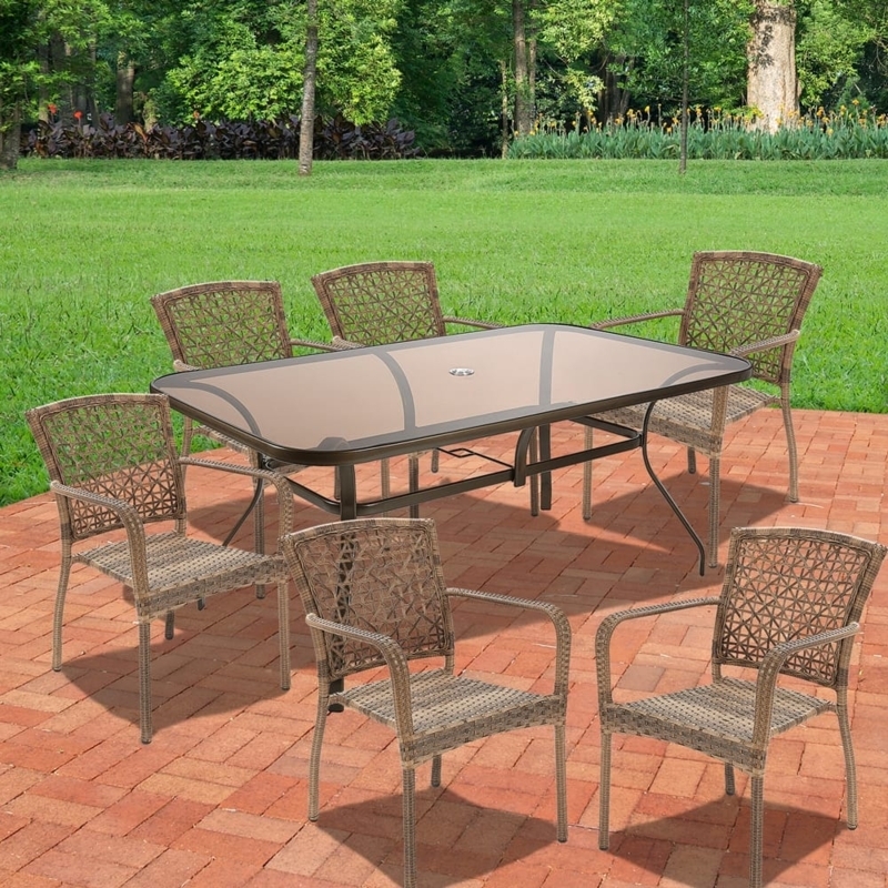 Patio Dining Set Brown Rectangular Glass Woven Chairs Parasol Hole
