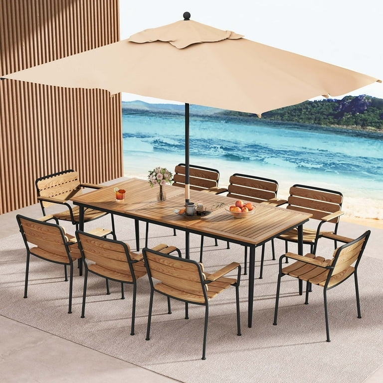 Patio Dining Set for 8 Person Capacity with Coastal Metal and Wood Slats