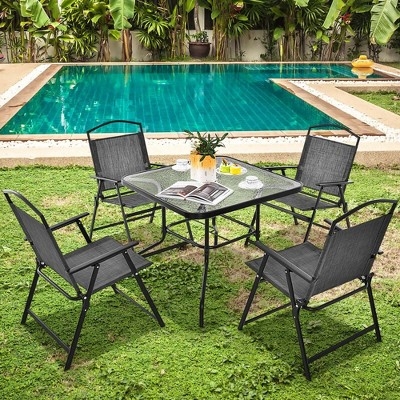 Patio Dining Set Glass Top Black Metal Folding Mesh Chairs Poolside