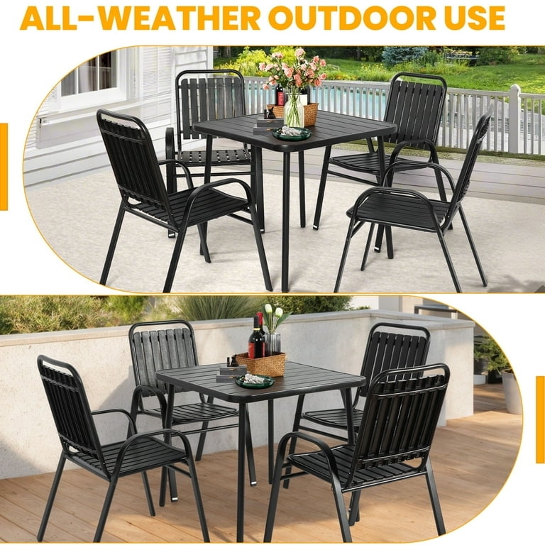 Patio Dining Set, Matte Black Stackable Armchairs, Slatted Small Space