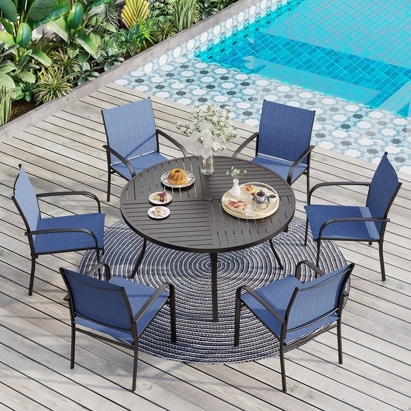 Patio Dining Set: Modern 7-Piece, Blue Mesh Chairs, Slatted Round Table.