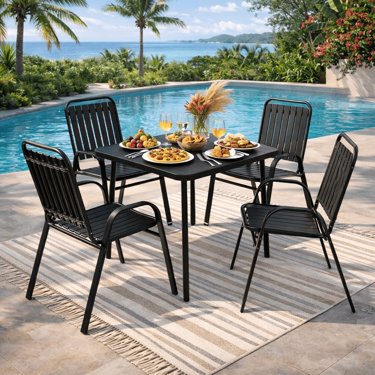 Patio Dining Set, Modern Black Matte Finish for Tropical Poolside Layout