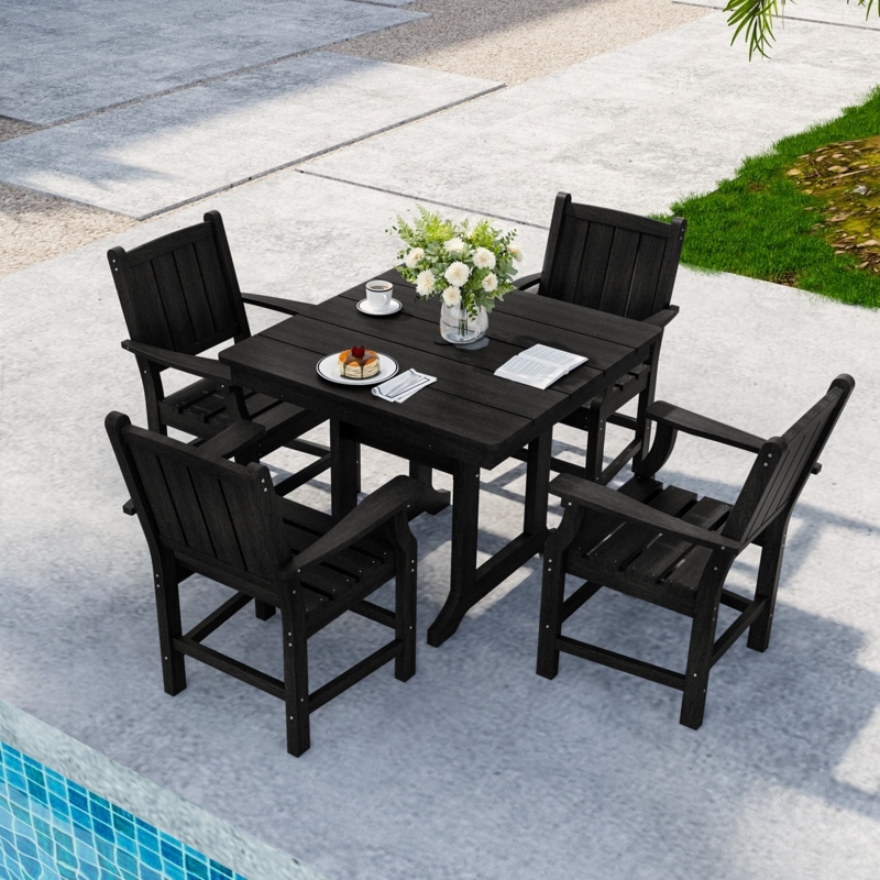 Patio Dining Set, Square Black Plastic Lumber Slatted for Poolside area