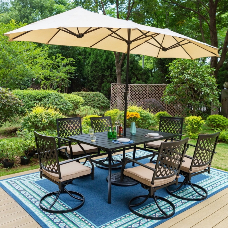 Patio Dining Set with Double Sided Umbrella Swivel Lattice Chairs