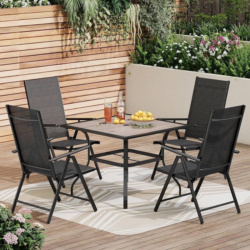 Patio Dining Set Wood Toned Top Black Metal Frame Folding Mesh Chairs