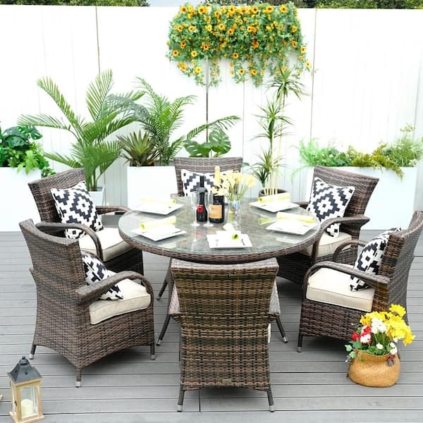 Patio Dining Set Woven Texture Glass Top with Geometric Pillows