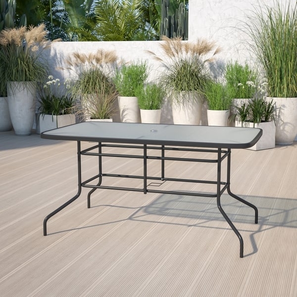 Patio Dining Table Black Rectangular Tempered Glass Flared Legs
