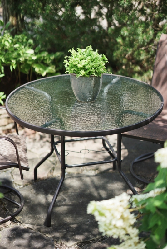 Patio Dining Table Dark Bronze Round Water Wave Glass Scrollwork