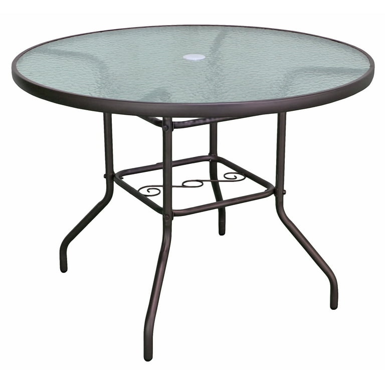 Patio Dining Table Dark Brown Round Textured Glass Decorative Brace