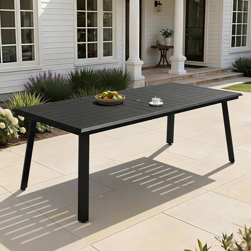 Patio Dining Table Matte Black Metal Slatted Top with Umbrella Hole