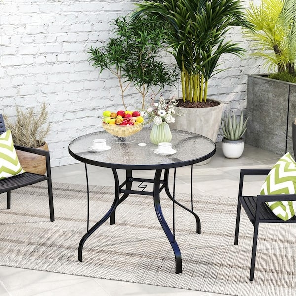 Patio Dining Table Pebbled Glass Top Curved Legs with Parasol Hole