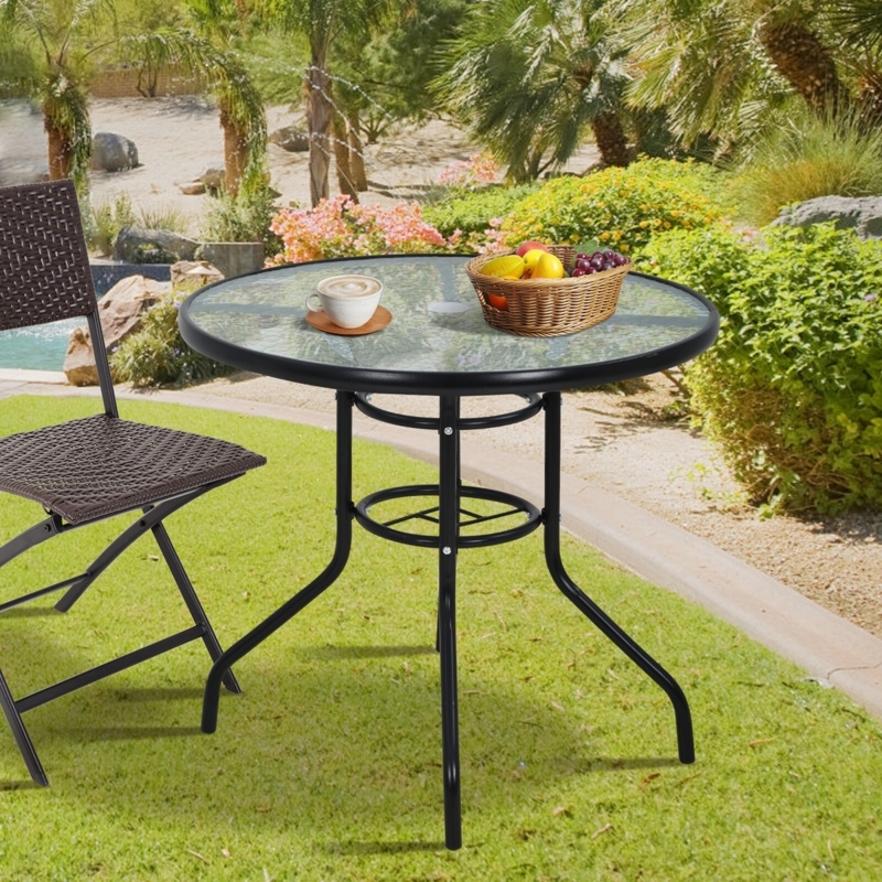 Patio Dining Table: Rippled Glass Round Top, Black Metal, Umbrella Hole.