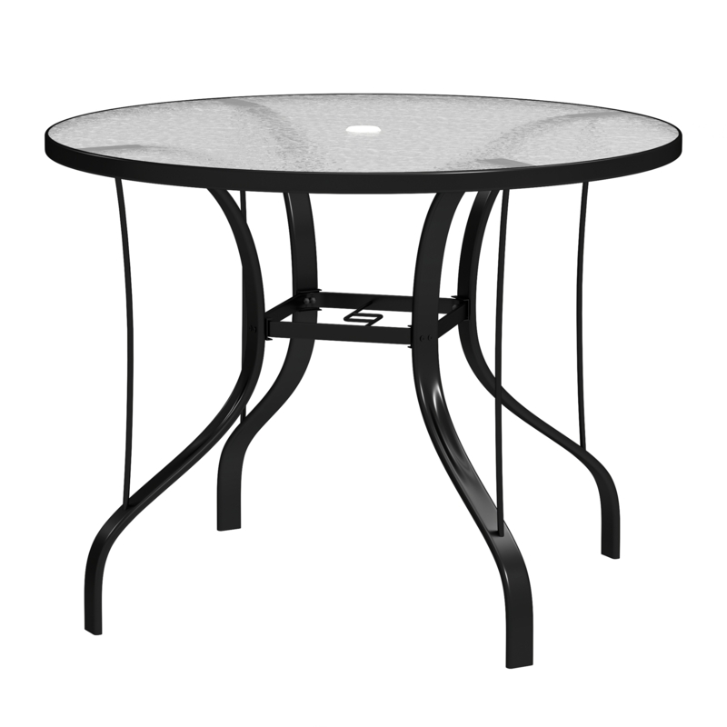 Patio Dining Table Rippled Glass Top with Umbrella Hole and Curved Metal Legs