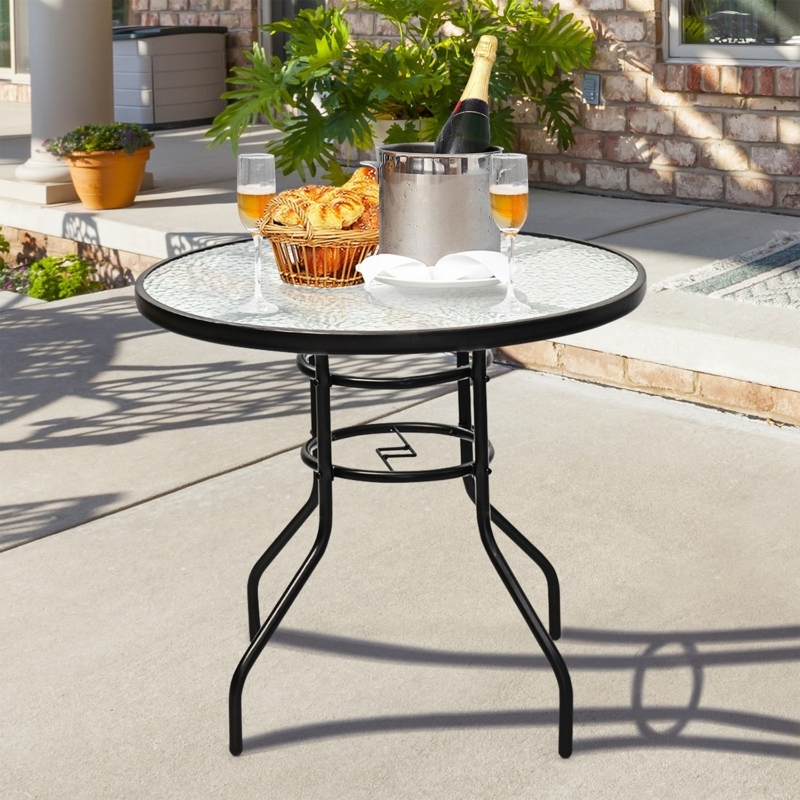 Patio Dining Table Round Water Wave Glass Curved Metal Legs