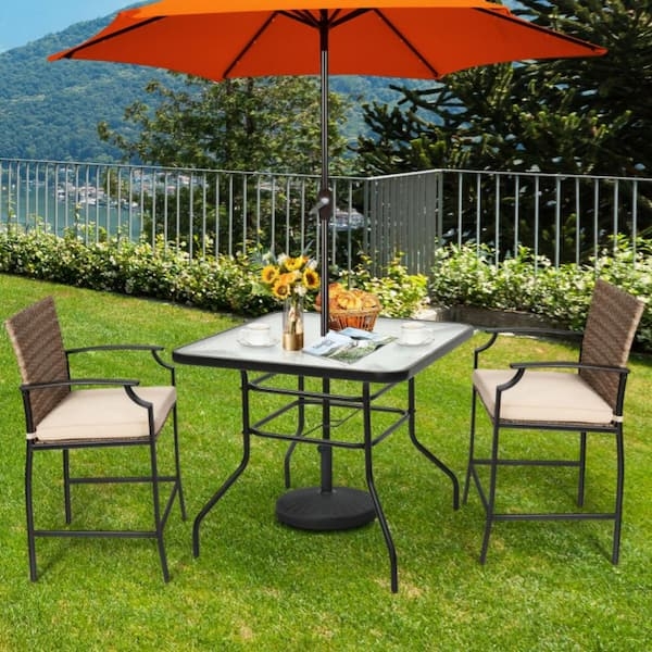 Patio Dining Table Square Tempered Glass with Orange Umbrella