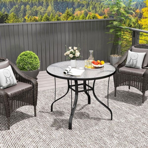 Patio Dining Table Stippled Glass Top with Integrated Umbrella Hole