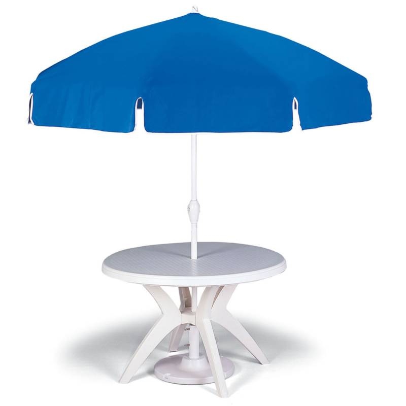 Patio Dining Table White Resin Round X-Base with Blue Market Umbrella