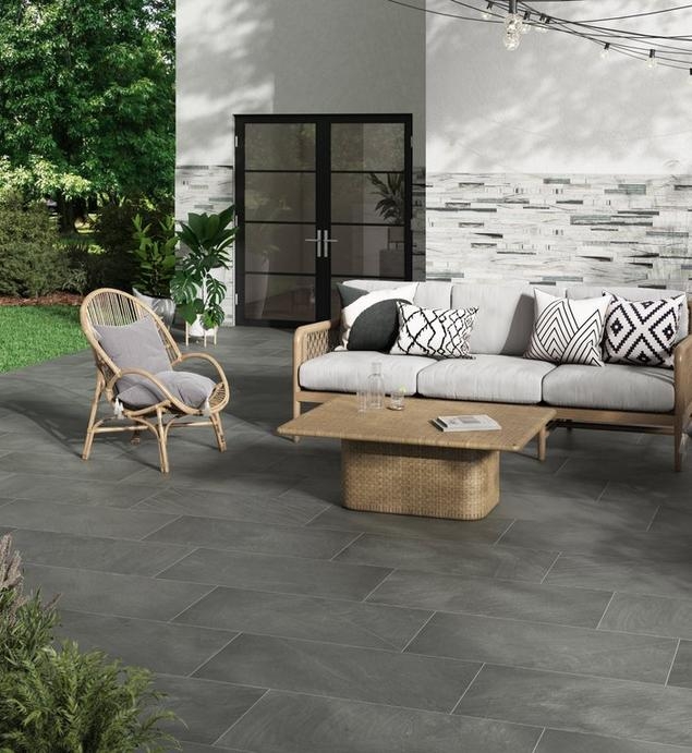 Patio Flooring: Slate-Look, Ledger Stone Accent, Large-Format, Charcoal