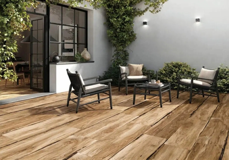 Patio Flooring: Wood-Look Plank Tiles, Minimalist Lounge, Climbing Greenery