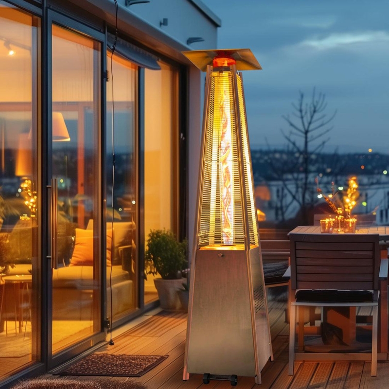 Patio Heater, Central Flame Column, Brushed Metal Pyramid
