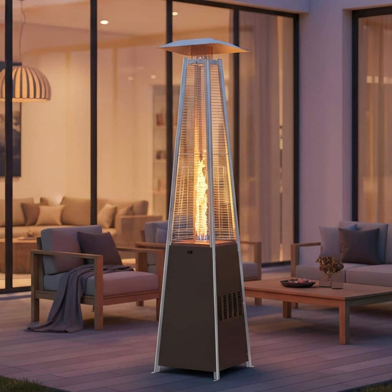 Patio Heater, Pyramid Silhouette with Dancing Flame & Heat Focusing