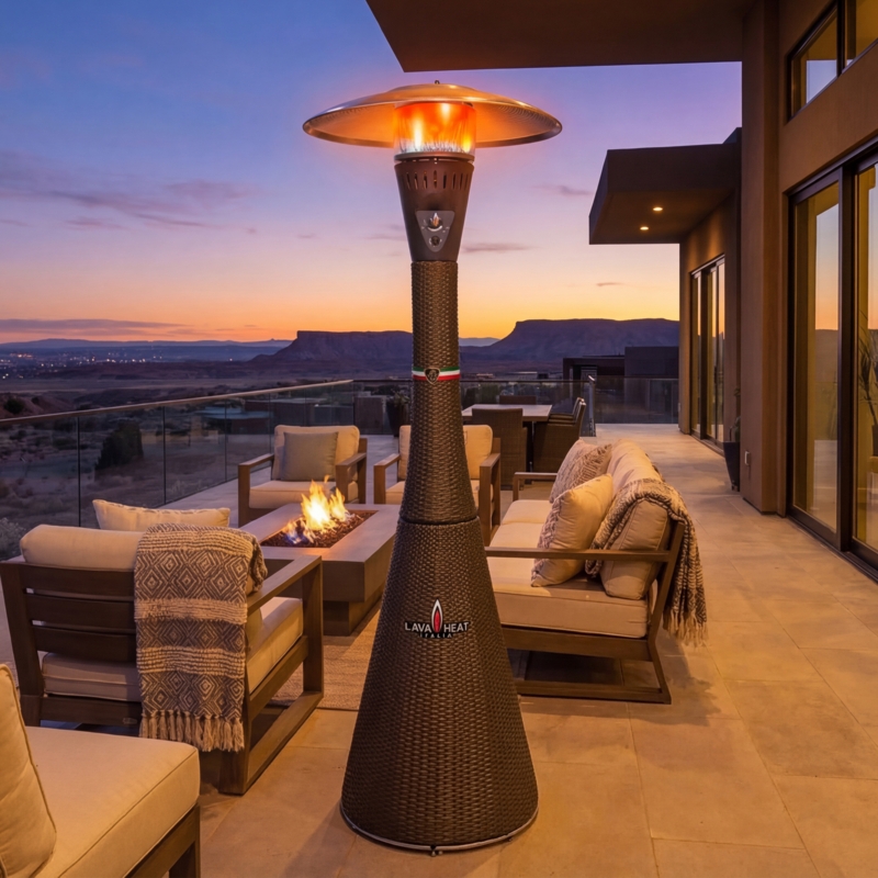 Patio Heater, Sculptural Silhouette Woven Base & Bronze Metal Top