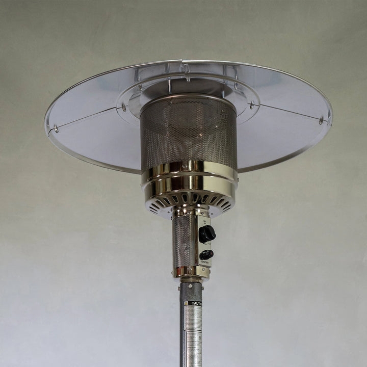 Patio Heater with Circular Heat Shield, Sleek Metallic Outdoor Heating.