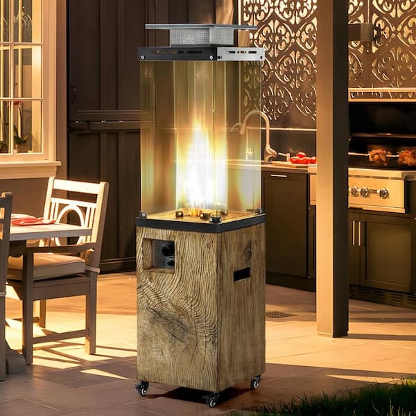 Patio Heater, Wood Look Base & Square Tower with Visible Flame